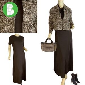 POSITIVE ATTITUDE BROWN KNIT DRESS & COORDINATING TWEED BLAZER SET (M)